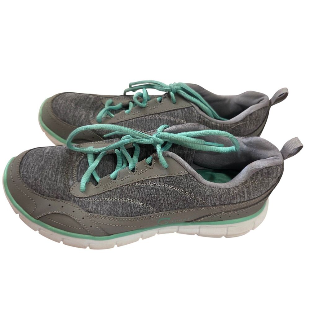 S Sport Skechers Womens‎ 9.5 Gray Teal Walking Running Athletic Sneakers Lace Up
